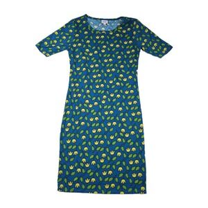 LuLaRoe Julia Fitted Dress Floral‎ Blue Yellow Tulips Women's Size Medium